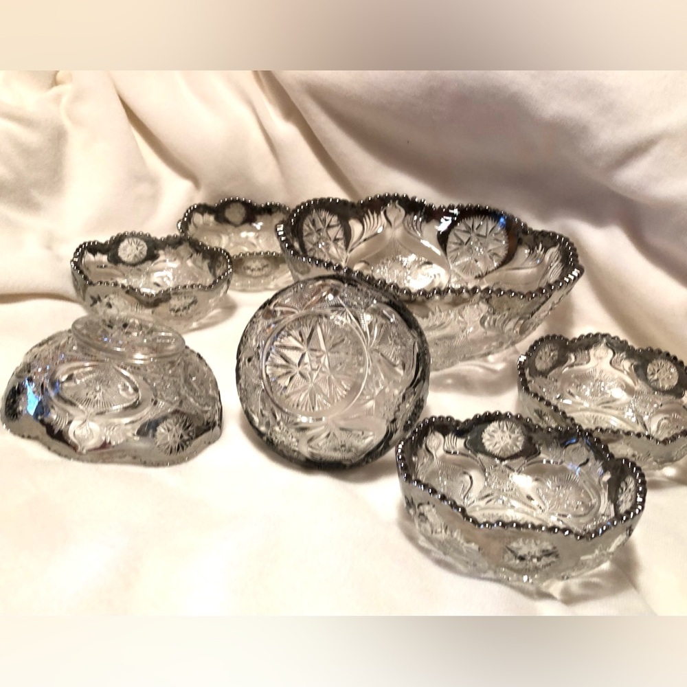 10212 Clear EAPG Fruit Bowl W 6 Berry Bowls Silver Overlay Sawtooth Edge Antique